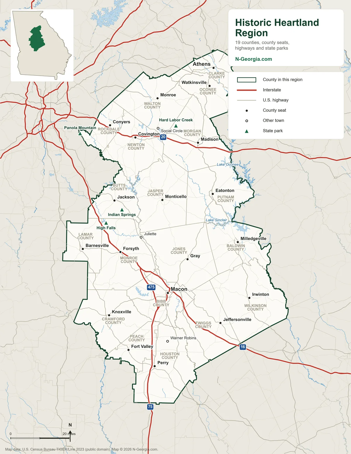 Map of the Historic Heartland travel region of Georgia showing its 19 counties, county seats, highways and state parks