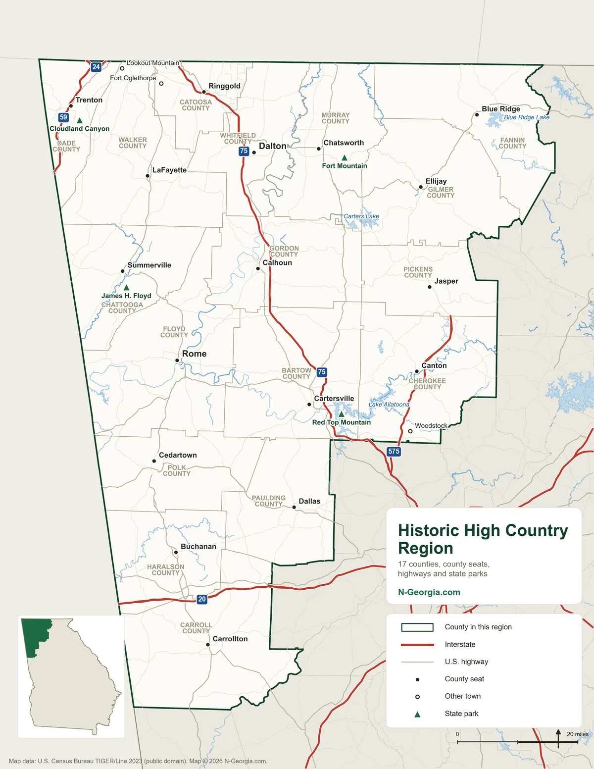 Map of the Historic High Country travel region of Georgia showing its 17 counties, county seats, highways and state parks
