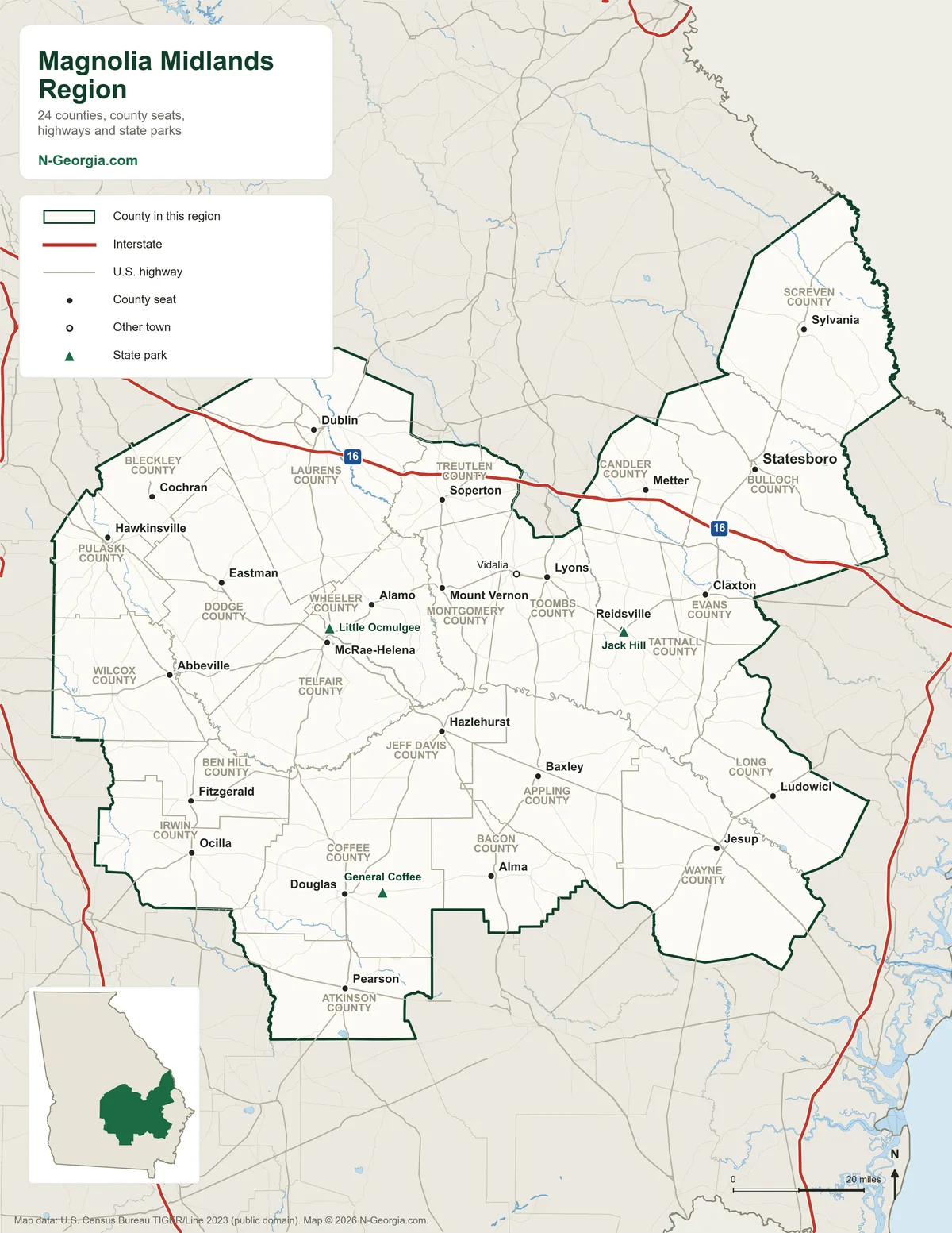 Map of the Magnolia Midlands travel region of Georgia showing its 24 counties, county seats, highways and state parks