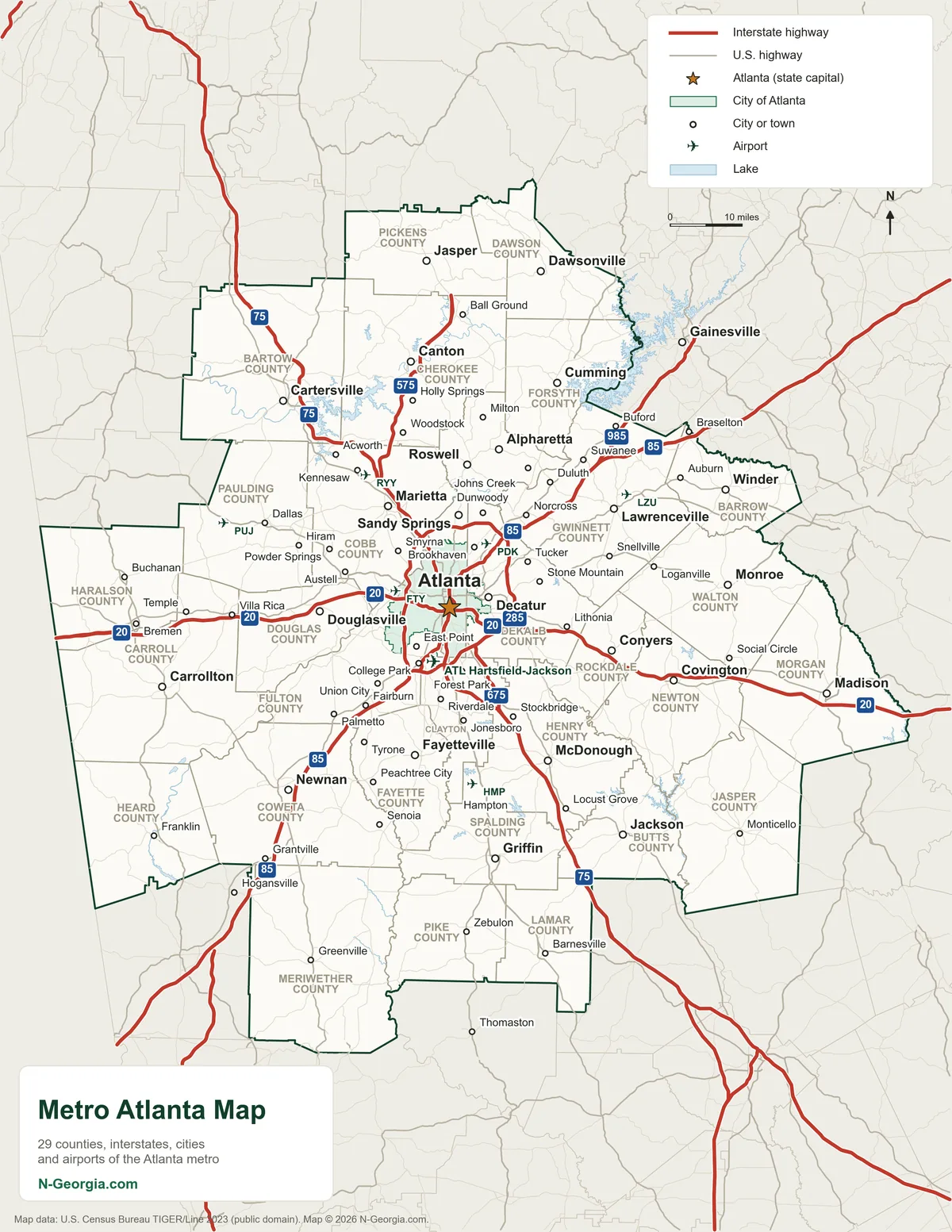 Map of metro Atlanta showing its cities, counties and interstates