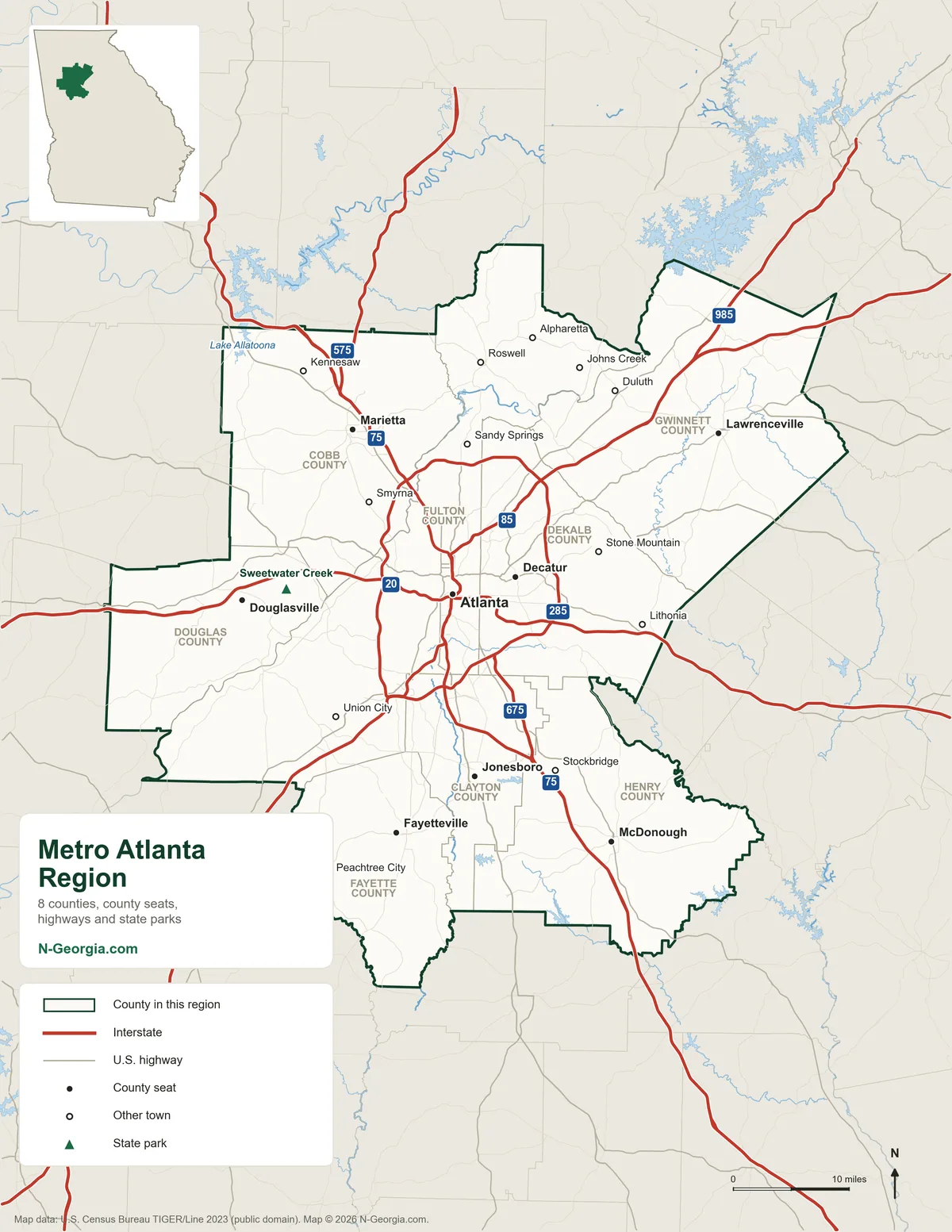 Map of the Metro Atlanta travel region of Georgia showing its 8 counties, county seats, highways and state parks
