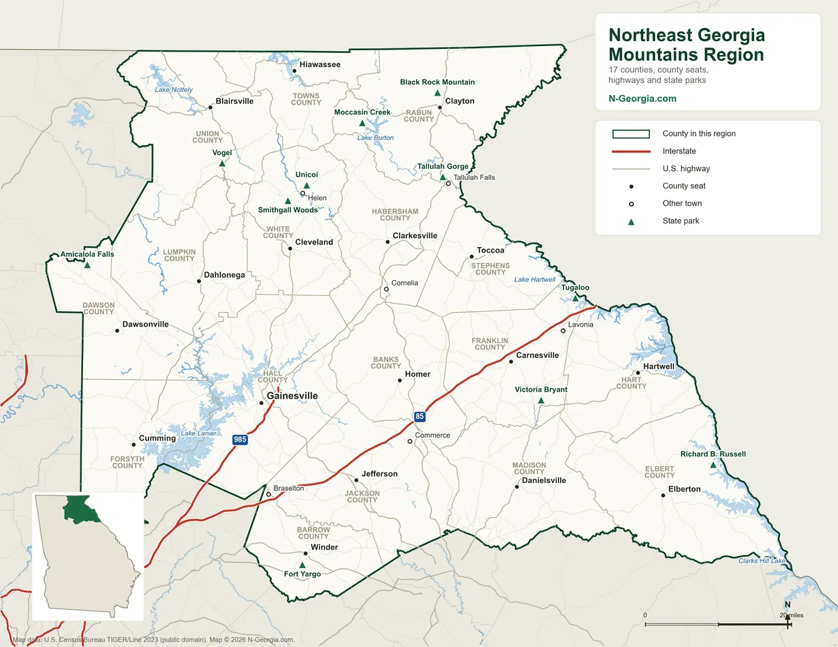 Map of the Northeast Georgia Mountains travel region of Georgia showing its 17 counties, county seats, highways and state parks
