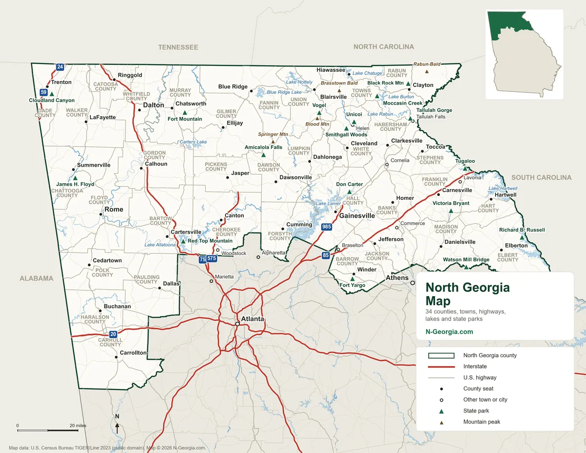 Map of North Georgia showing 34 counties, county seats and towns, interstates, U.S. highways, lakes, state parks and mountain peaks