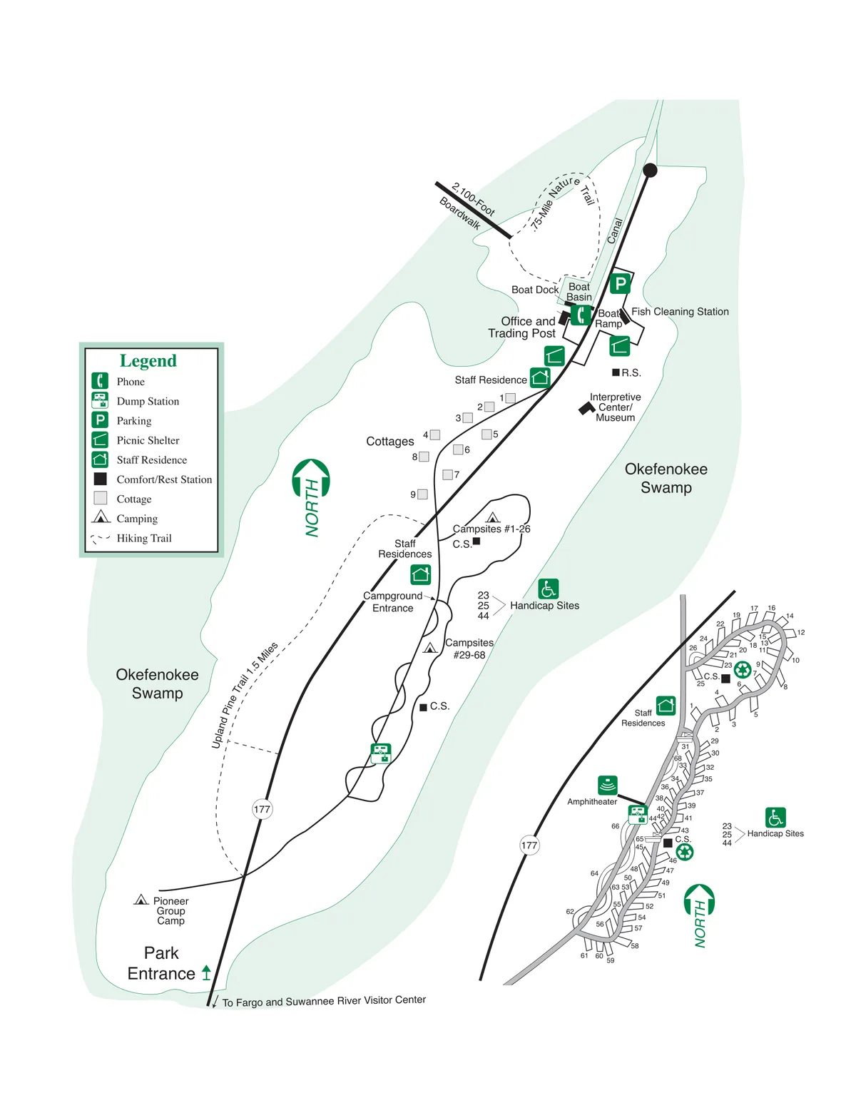 2008 Georgia State Parks map of Stephen C. Foster State Park (now Okefenokee State Park)