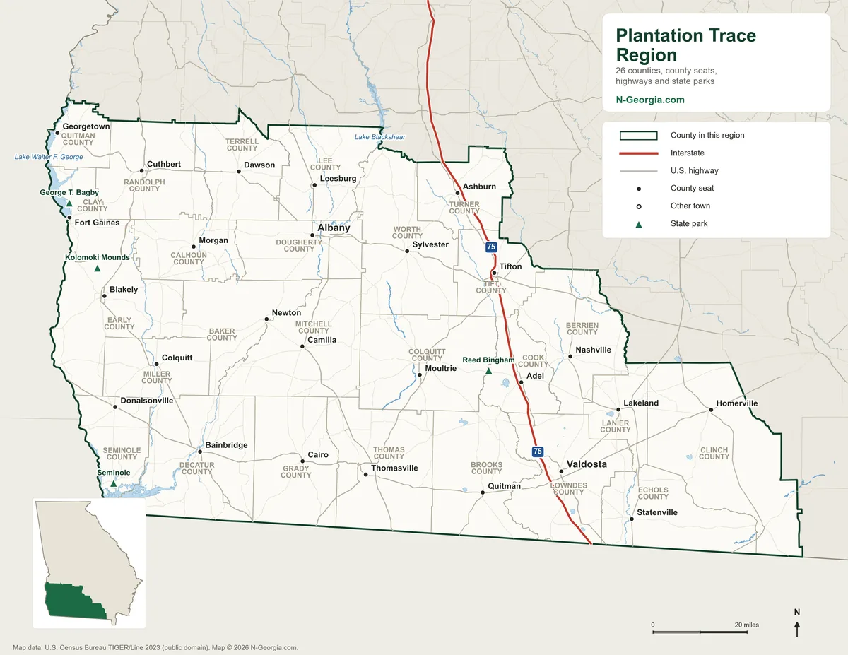 Map of the Plantation Trace travel region of Georgia showing its 26 counties, county seats, highways and state parks