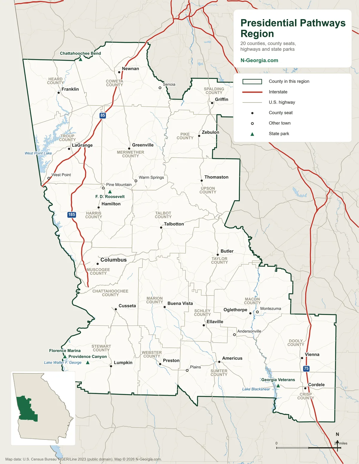 Map of the Presidential Pathways travel region of Georgia showing its 20 counties, county seats, highways and state parks